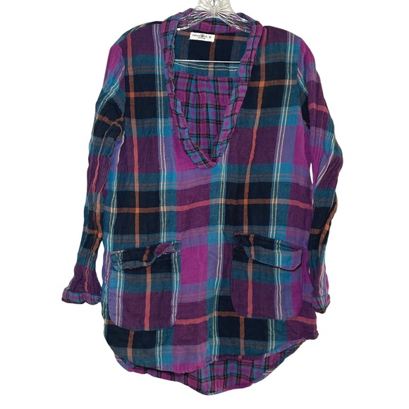 NATURAL LIFE Tops - Natural Life Plaid Tunic Shirt Women M Purple Blue Pockets boho lagenlook fall
